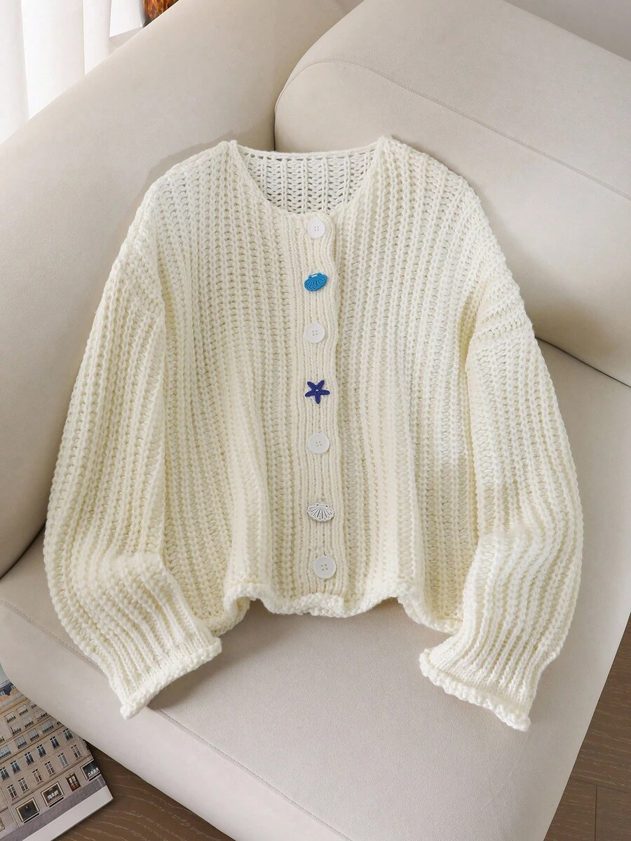 CosyJoli Cardigan tricoté asymétrique avec boutons, mode pour l'extérieur et les déplacements, tailles grandes - Beige - Voir 1