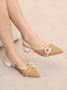 Rosivie 女士时尚迷人高跟鞋，咖啡棕色，压花做旧材质，尖头，适合通勤、舒适、室内、办公室、街头、派对、旅行、度假、春夏季，适合搭配连衣裙、牛仔裤、短裤 - 白色 - 查看 2