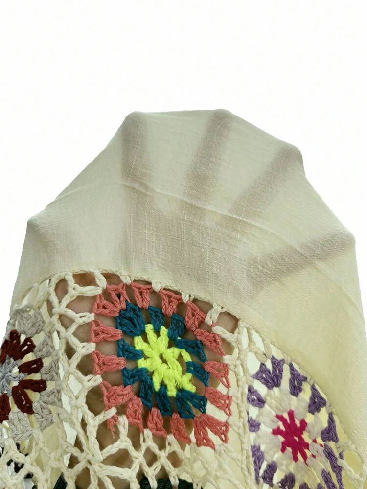 Women's Crochet V-Neck Batwing Short Sleeve Loose Coverup Dress, Suitable For Vacation