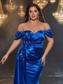 Glamrae Váy xòe đuôi cá xếp nếp màu xanh dương lãng mạn, thanh lịch cỡ lớn, hở vai, viền xếp ly, thích hợp cho tiệc tối, hẹn hò, vũ hội, đám cưới, tốt nghiệp, kỳ nghỉ - Màu xanh lam - Xem 2