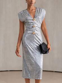 Aveloria Modichic Vestido de satén plateado futurista, escote en V, hombros raglan y cintura ceñida, vestido de baile brillante para eventos formales - Plateado - Ver 4