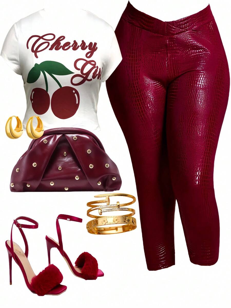 Slaydiva 2025 Spring/Summer New Women's Plus Size Vintage Western/Casual/Tropical/Music Festival/Road Trip/Date//Party/Sexy Club Outfit/Street Fashion Fitted Ribbed Fabric Round Neck Dolman Sleeve Cherry Letter Graphic Top With Fitted Red Snake Print Crossbody Waist Fanny Pack Midi Skirt 2-Piece Set