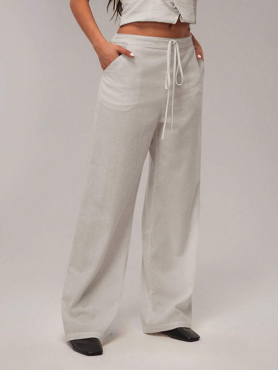 SHEIN Forever 21 Pantalones rectos y holgados con cintura elástica y cordón para mujer, nuevos de primavera para vacaciones - Albaricoque - Ver 1