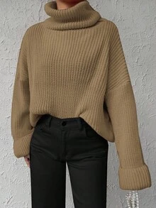 EURMUSE Solid Color Turtleneck Batwing Sleeve Sweater - Camel - View 6