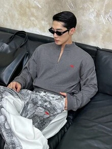 SWAVVY Men's Casual Commuter Polar Bear Embroidery Half-Zip Raglan Loose Pullover Sweater, Autumn/Winter - Dark Grey - View 2