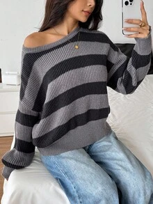 SHEIN PETITE 超大条纹撞色宽松落肩毛衣，适合娇小女性，秋冬 - 灰色 - 查看 6
