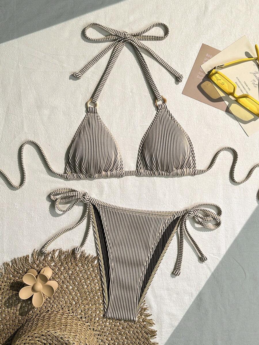 Swim Basics 夏季海滩女士纯色露背系带比基尼套装,性感镂空比基尼套装 - 杏色 - 查看 1