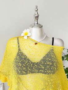 Comfortcana Plus Size Women's Yellow Ruffled Hem Semi-Sheer Casual Crochet Poncho For Summer And Autumn Outings & Dates