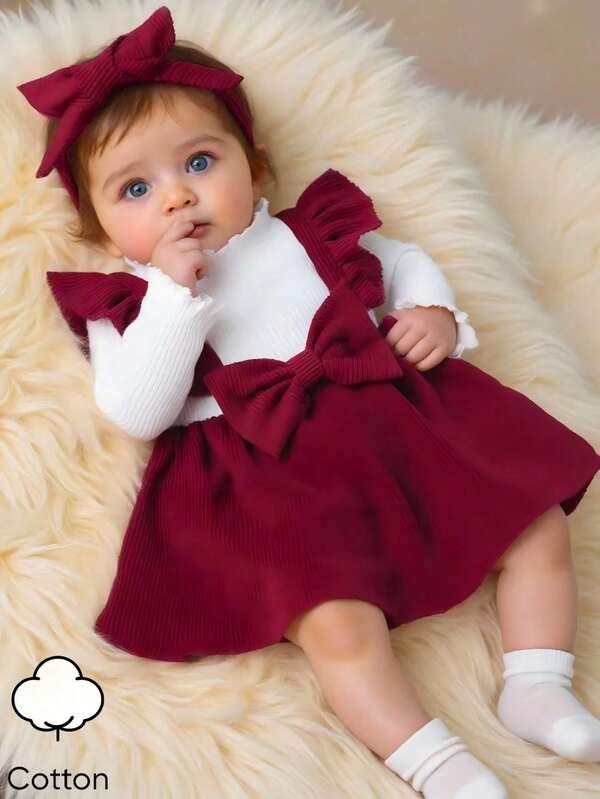 SHEIN Noworodek, dziewczynka, biała, z długim rękawem, w paski pod pachami, z czerwonego sztruksu, z kokardą i opaską, elegancka, retro, słodka
