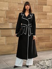 CLARA VERO Contrast Color Trim Belted Pocket Elegant Long Sleeve Winter Jacket - Black - View 5