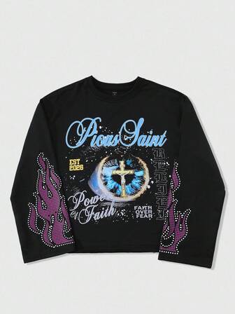 Street Life Herren schwarzes Oversized langes T-Shirt mit Augen-Kreuz-Flammen- und rundem Strass-Muster, Streetwear für den lässigen Alltag, Herbst