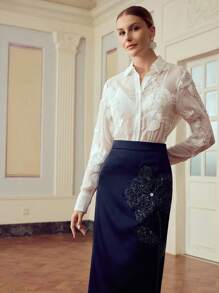 ZEYLAH Jupe élégante de navetteur bleue avec broderie de sequins - Bleu marine - Voir 7