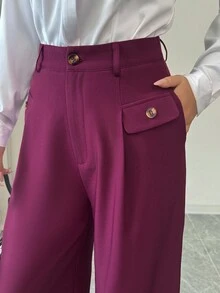 Elenzga Women's Burgundy Drapey Fabric Belted High Waist Elegant Loose Straight Leg Palazzo Pants, Professional Formal Trousers Fall Cloth For Women - Burgundy - View 3