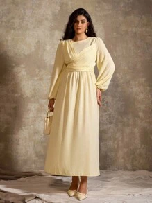 Flirla Große Größen Maxikleid für Damen, lässig-elegant, langärmlig, einfarbig in sanftem Gelb, französischer romantischer Stil, geeignet für Büro, Urlaub, Frühling/Herbst/Winter - Gelb - Übersicht 8