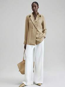 Ontre 2025秋冬女装，适合返校、万圣节、圣诞节、商务休闲、复古优雅百搭基础款，纯色双排扣衬衫 - 卡其色 - 查看 2