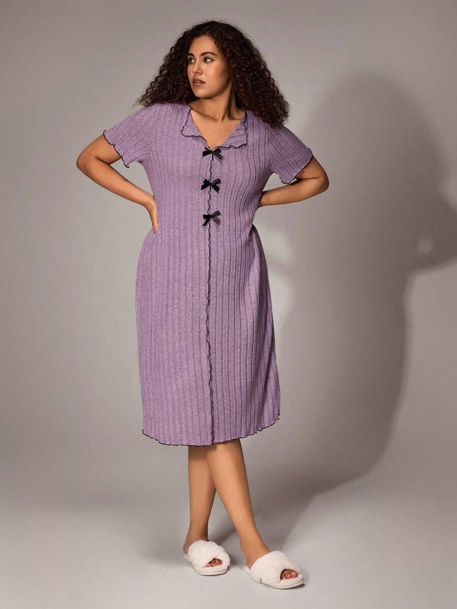 SHEIN Turtleneck Plus Size Color Block Ruffle Edge Bow Decor Casual Dress, Home & Sleep Dress - Purple - View 1