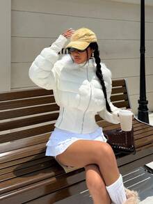 Muchica 女士休闲修身连帽厚夹克，冬季百搭 - 白色 - 查看 5