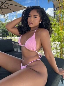 Alexandranx Bikini de 2 piezas para mujer con top de cuello de halter y Bottom con lazo en la espalda, color rosa - Rosa - Ver 6