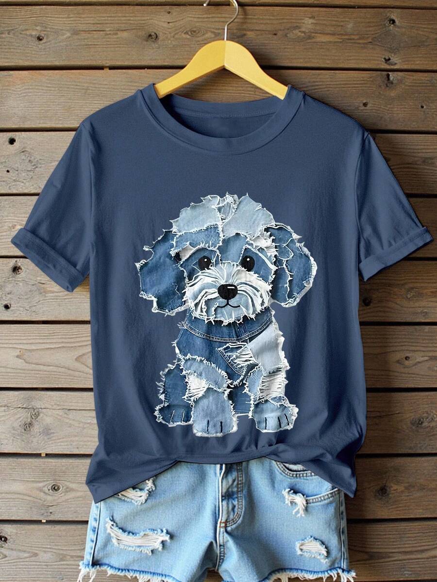 EMERY ROSE Vintage Patchwork Dog Graphic Print T-Shirt, Women's Casual Round Neck Short Sleeve Minimalist Top, Suitable For Everyday Wear