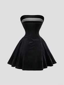 Sweetra 优雅法式复古风格收腰 A 字型黑白拼布蝴蝶结性感淑女时尚设计露肩连衣裙 - 黑與白 - 查看 2