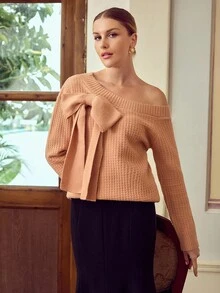 ZEYLAH Elegant Solid Color Asymmetric Collar Bow Decor Sweater, Fall /Winter Clothes - Coral Orange - View 2
