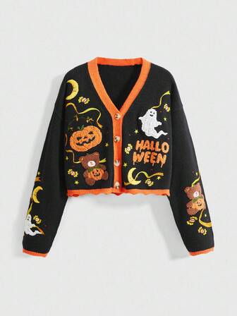 Fairycore Halloween Kürbis Farbblock Strickjacke für Damen