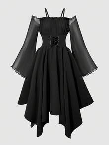 SHEIN Vestito elegante a maniche lunghe per ragazze pre-adolescenti, con patchwork in pizzo e rete, di colore unito, per Ognissanti