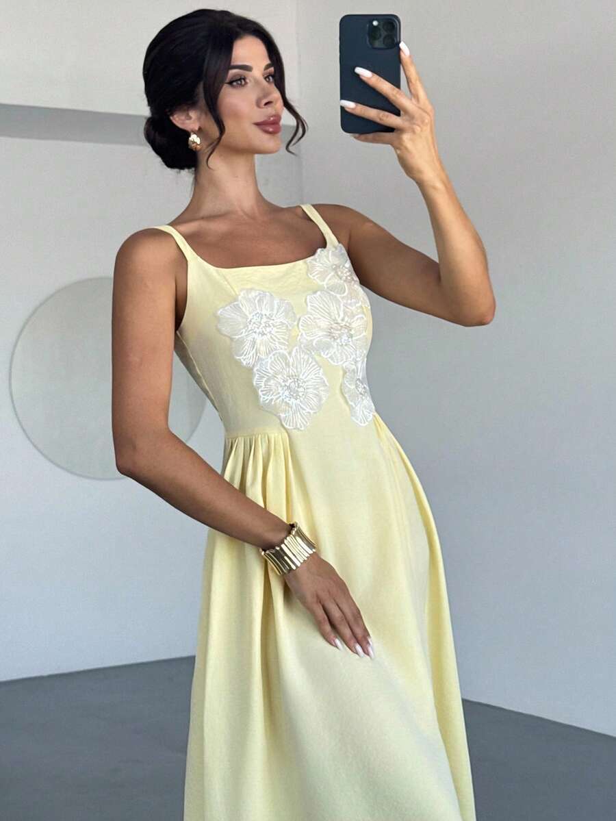 Firerie 女士优雅花卉刺绣荷叶边吊带连衣裙 - 粉色 - 查看 1