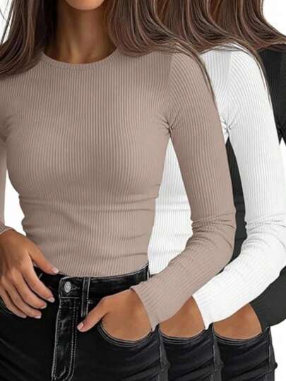 INAWLY 3pcs/Set Plus Size Women Casual Solid Color Long Sleeve T-Shirts Fall Cloth For Women