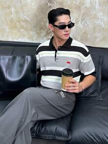 SWAVVY Men's Casual Striped Short Sleeve Polo Neck Knit Top, Spring/Summer - Dark Grey - View 5