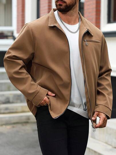 Manfinity Homme 加大码男士纯色长袖拉链休闲夹克，秋季男士棕色夹克，男士休闲夹克，男士拉链夹克，棕色飞行员夹克，浅棕色夹克
