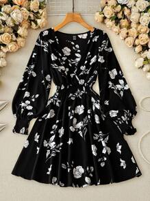 SHEIN Clasi Women's Fashion Casual Printed V-Neck Waist Cinched Short Dress - Black - View 2