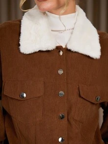 Women's Simple Solid Color Button-Up Long Sleeve Loose Corduroy Jacket,Fur Collar Brown And White Coat For Winter,Casual Occasion Jacket Women - Brown - View 7