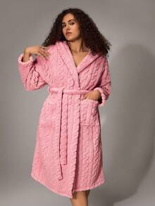 SHEIN 加厚抓绒面料保暖冬季提花抓绒蓬松睡衣加大码女式毛绒提花连帽浴袍，秋冬粉色浴袍加大码浴袍，秋季舒适套装 - 粉色 - 查看 5