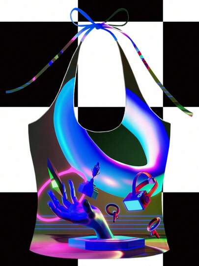 Shutterstock Top sin mangas con estampado digital de escultura de palma de donut de gradiente de píxeles de color contrastante, ropa de fiesta, ropa de festival, top corto gráfico de ropa neón para mujer