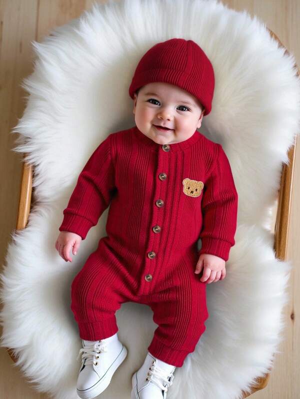 SHEIN 1pc Baby Boys Solid Color Jumpsuit, Soft & Plush, Cute Casual Style, Suitable For Autumn/Winter Outdoor Play, Vacation And Daily Wear Red Baby Jumpsuit Fall
