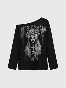 ROMWE Áo thun tay dài cổ bất đối xứng họa tiết Gothic dành cho nữ, Halloween - màu đen - Xem 1