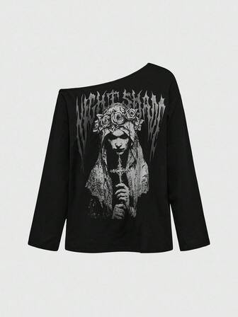Goth Camiseta casual de manga larga con cuello asimétrico y estampado de patrones góticos para mujeres, Halloween