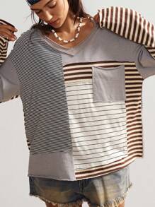 Bohemela Boho Women's Vintage Casual Knit Striped Patchwork Round Neck Long Sleeve Loose T-Shirt, Vintage Western Country Style Concert Vacation, Going Out, Back To School, Suitable For Autumn/Winter,Fall