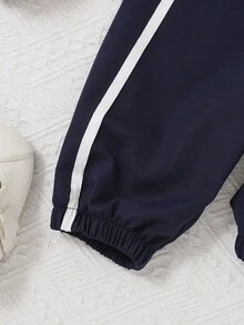 Baby Girl Casual Outfit With Bow Decor Zipper Jacket And Pants Set, Autumn Fall Winter - Navy Blue - View 5