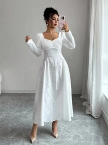 Elenzga 女式白色雏菊提花纹理面料方领收腰 A 字形喇叭设计珍珠装饰高端时尚优雅生日礼物派对礼服，长袖中长连衣裙，春/秋 - 白色 - 查看 5