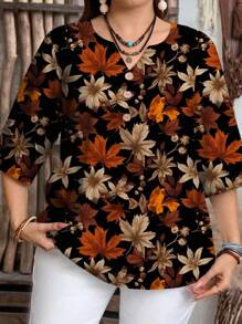 Mellowie Camisa casual de talla grande para mujer con estampado de hojas de arce vintage, adecuada para el verano