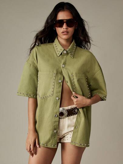 MISSGUIDED 铆钉牛仔衬衫女式超大纽扣领西部风格节日夏季衬衫假日周末休闲个性上衣