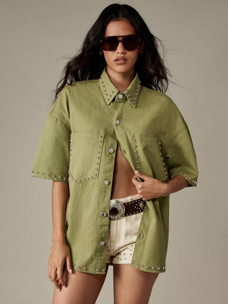 MISSGUIDED Studded Denim Shirt Women Oversized Button Down Collar Western Style Festival Summer Blouse Holiday Weekend Casual Statement Top