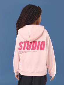 SUMWON Studios 超大号女童抽绳连帽卫衣，街头风，印花图案，青少年休闲套头衫，秋冬款 - 粉色 - 查看 2