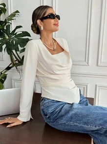 SHEIN Frenchy Women's Elegant Commuter Off-White Solid Color Lapel Blouse,Autumn Fall Chic Business Casual Tops,Tea Party Teacher Back To School Winter - Apricot - View 3