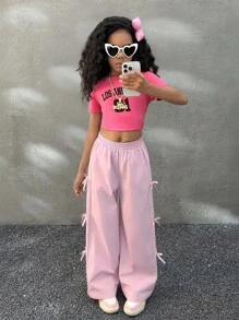 Coolane Kids Tween Girls Fall/Winter Elastic Waist Tie-Belted Utility Pants With Pockets And Bowknot, Christmas ,New Year ,Party,Chic