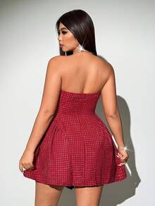 Viva Relle Abito mini tubino in maglia a quadri vintage rosso con fiocco, abito per Capodanno, abito, abito da festa, abito invernale, abito in maglia, abito a maniche lunghe, abito da donna, abito bordeaux, abito da festa - Rosso - Visualizzare 2