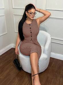 SHEIN SXY 2pcs Plaid Print Button Front Vest Jacket & 1pc Skinny Pants Woman 2 Pieces Outfits Brown Outfit Sleeveless Top And Set Piece Gingham - Brown - View 5