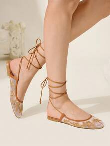 CUCCOO TILAWA 女士平底一脚蹬鞋，网眼刺绣方头穆勒鞋，优雅迷人风格 - 棕色 - 查看 3